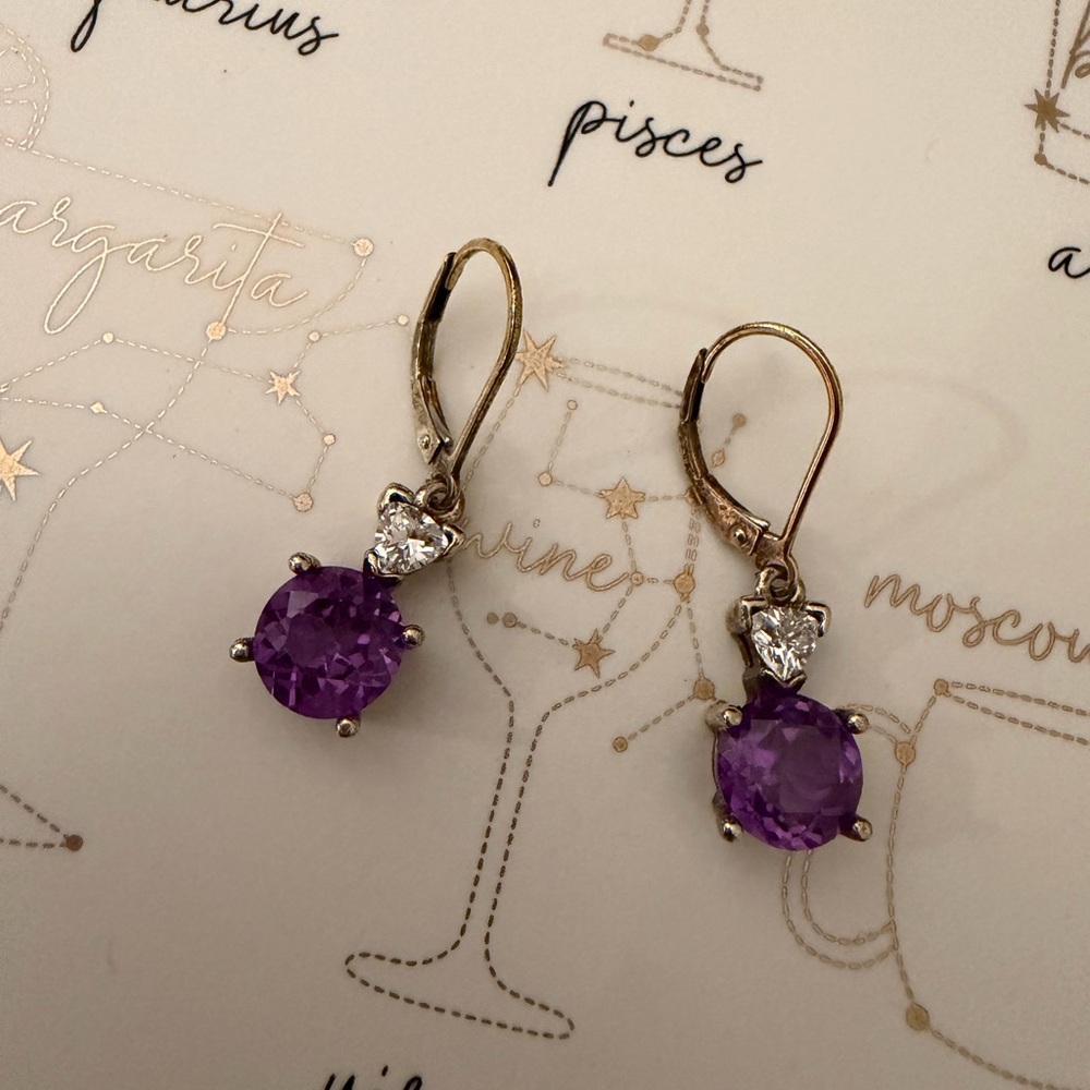 Vintage gold vermeil Purple and clear stones Drop Earrings